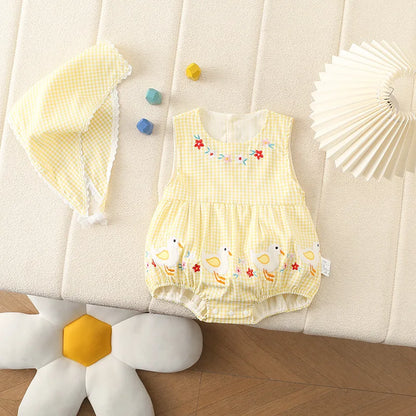 0–2 Jahre Neugeborene Kinder, bezaubernder Baby-Mädchen-Strampler aus Baumwollgaze, gelb kariert, bezauberndes besticktes Enten-Design – weich und süß.