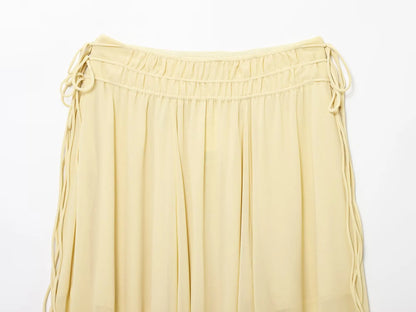 YENKYE New Fashion Side Drawstring High Waist Elegant Yellow Skirt Women Holiday Summer Loose Chiffon Midi Skirts faldas mujer