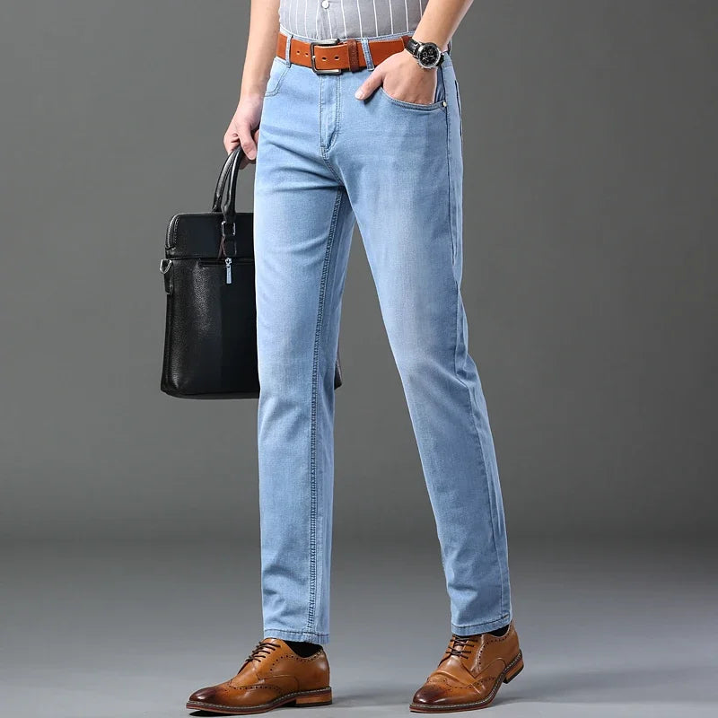 Spring Autumn Business Men Jeans Casual Straight Stretch Fashion Classic Black Sky Blue Grey Work Denim Trousers Brand Clothing.