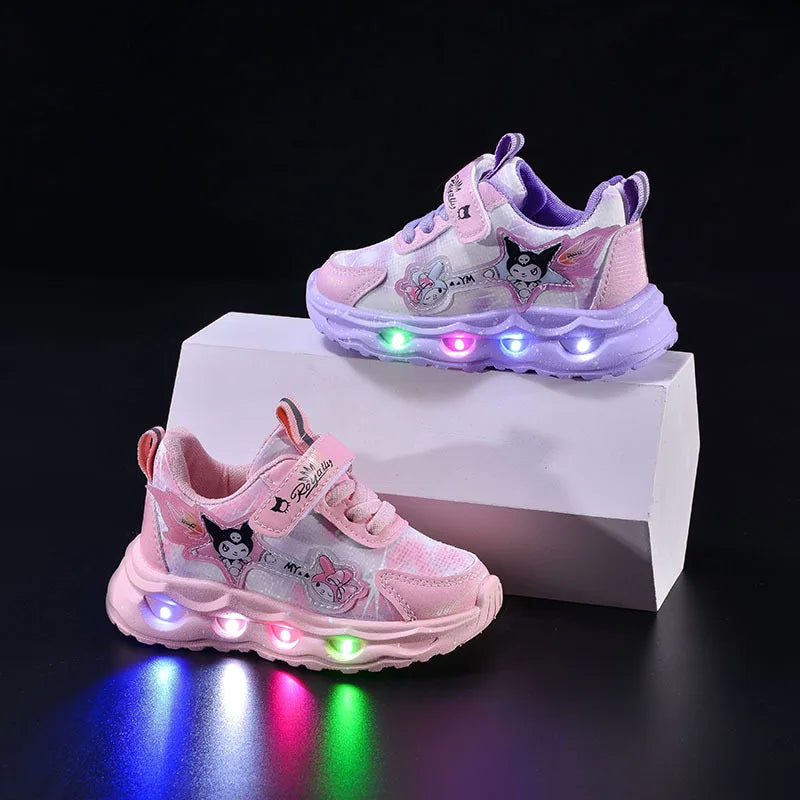 Kids'Casual Shoes Girls Led Light Cartoon PU Leather Spring Fashion Flat Bottom Anti-slip Soft Bottom Pink Purple Size 21-30.