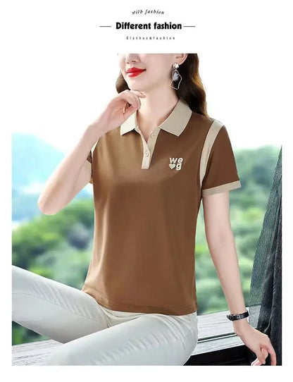 Fashionable Short Sleeve Polo Shirt Women's Summer Sporty Hong Kong Style Top High End Mixed Fabric Slim Fit T-Shirt