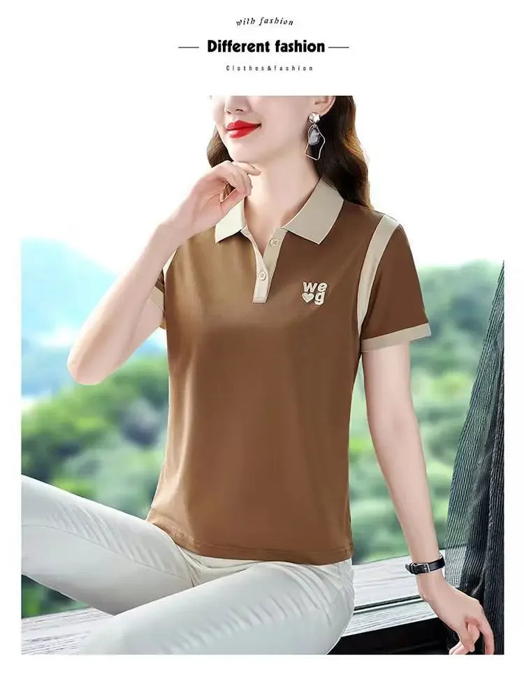 Sporty Short Sleeve Polo Shirt for Women Summer Fashionable Hong Kong Style Top Slim Fit Mixed Fabric Trendy T-Shirt