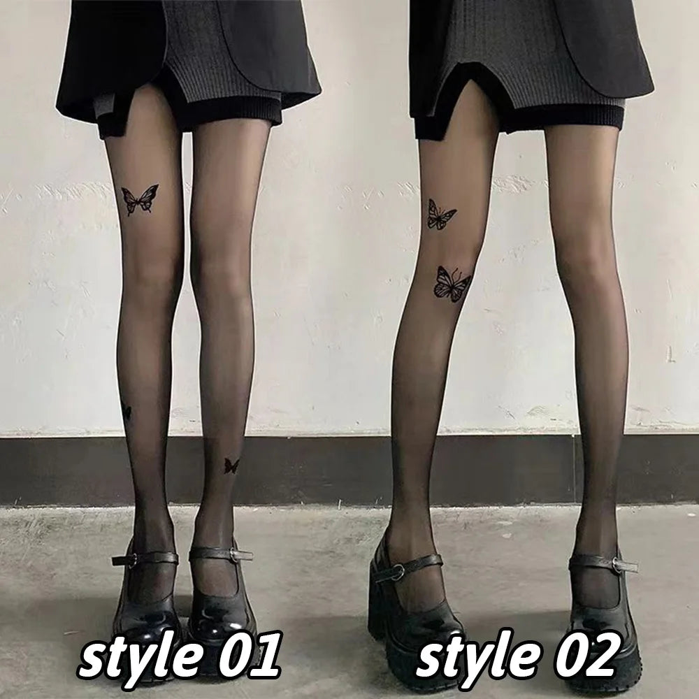 Sexy Butterfly Tights Vintage Y2K Fake Tattoo Butterfly Black Transparent Silk Pantyhose Women Lolita Summer Ultra-thin Stocking.