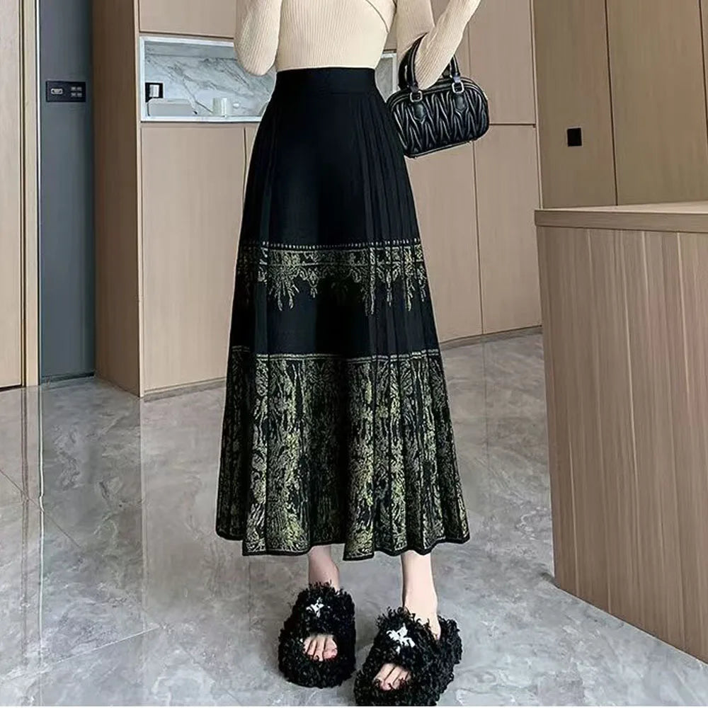 FairyShely Pleated Knitted Skirt For Women 2025 Autumn Winter Warm High Waist Long Skirts Ladies Plus Size Black A-line Skirt.