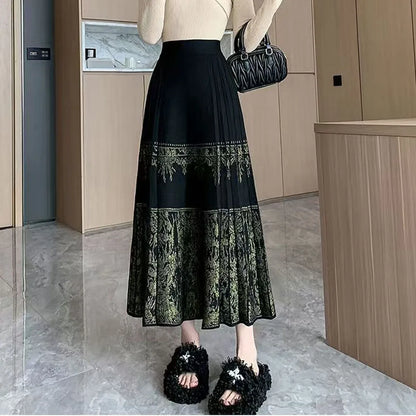 FairyShely Pleated Knitted Skirt For Women 2025 Autumn Winter Warm High Waist Long Skirts Ladies Plus Size Black A-line Skirt.