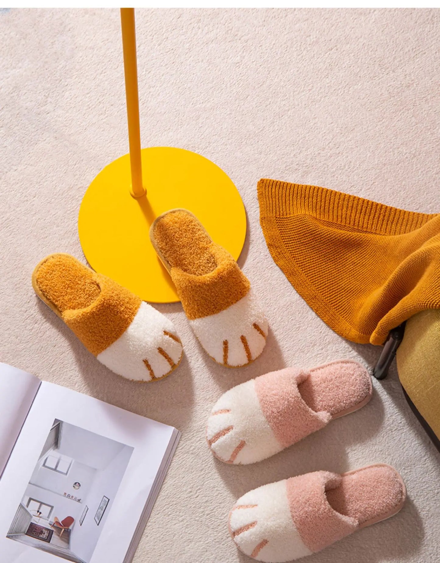 Evshine Cat Paw Warm Slippers For Women Winter Plush House Slippers Cute Fashion Fur Slippers Couple Indoor Bedroom Fuzzy Shoes.