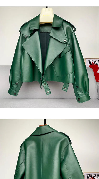 Schaffellmantel für Damen, Lederjacke, Winter, Frühling, Moto, Biker, echt, Top-Qualität, Schwarz