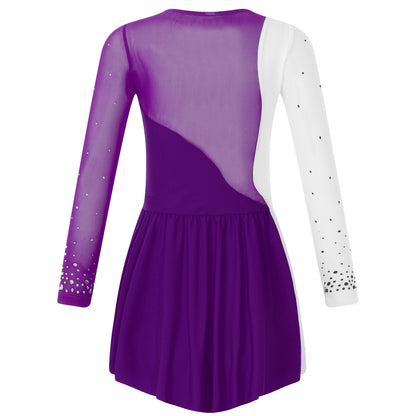 6-16Y Mädchen Eiskunstlauf Tanz Kleid Ballett Gymnastik Trikot Langarm Shiny Strass Sheer Mesh Leistung Dancewear