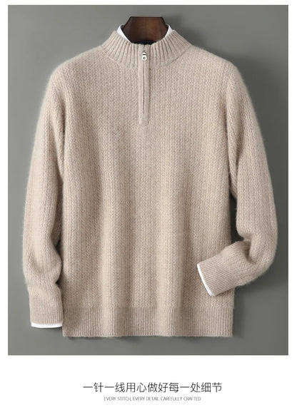 Men's 100% Merino Wool Thicken Sweater Half Zipper Mock Collar Pullover Autumn Winter Cashmere Knitwear Business Casual Clothing.