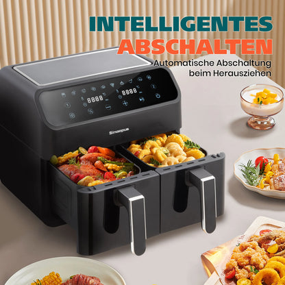 Sinaopus 2000W 9L XXL Hot Air Fryer with Dual Chambers Multi-function LED Touch Screen Timable Oil-Free Cooking Air Fryer.