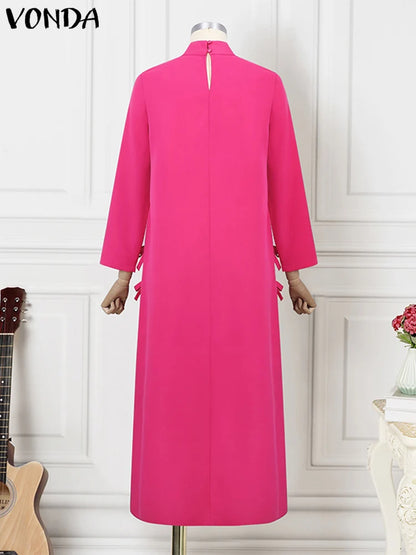 Plus Größe VONDA Frauen Lange Maxi Roben Kleid 2024, Elegante Chinesische Stil Bowknot Stehkragen Party Schlitz Sommerkleid Vintage Vestidos.