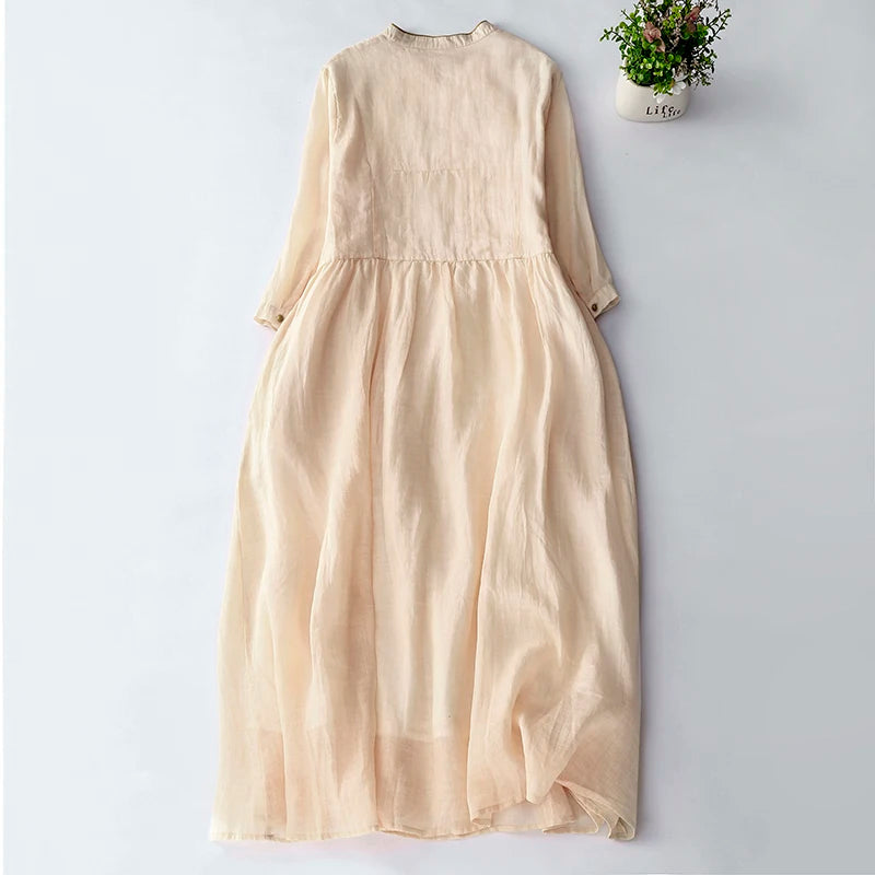 Vintage lange Damen kleider neue chinesische Stickerei koreanische Kleidung Sommer Kurzarm lose Freizeit kleid.