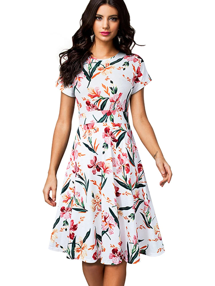 Nice-forever Vintage Elegante Blumen Druck Plissee Rundhals vestidos A-Line Pinup Business Party Frauen Flare Swing Kleid A102