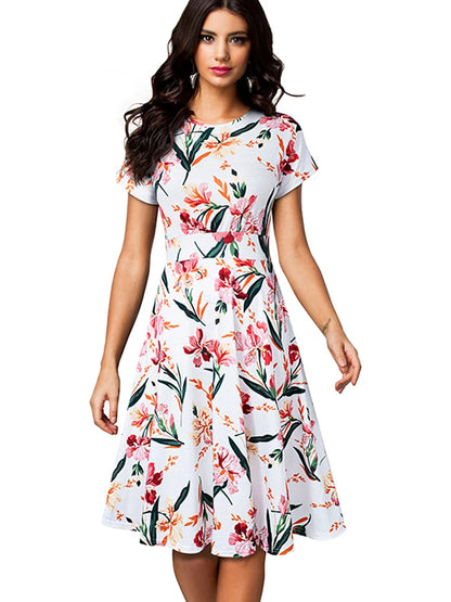 Nice-forever Vintage Elegante Blumen Druck Plissee Rundhals vestidos A-Line Pinup Business Party Frauen Flare Swing Kleid A102