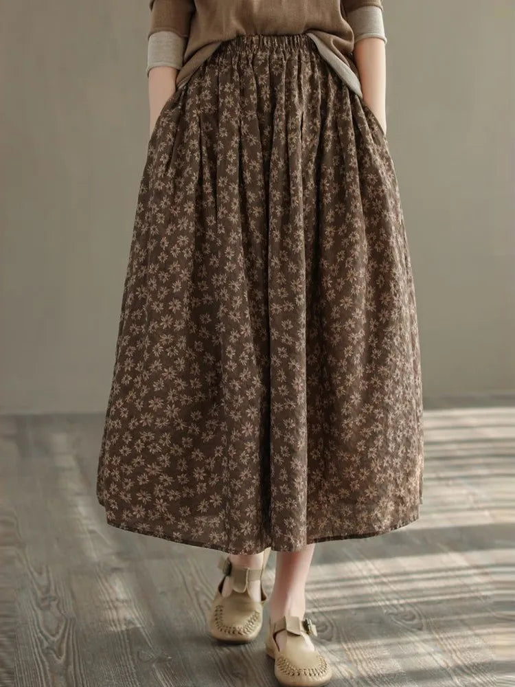 Women Casual Skirts New Arrival 2023 Autumn Vintage Style Floral Print Loose Comfortable Ladies Elegant A-line Long Skirt D536.
