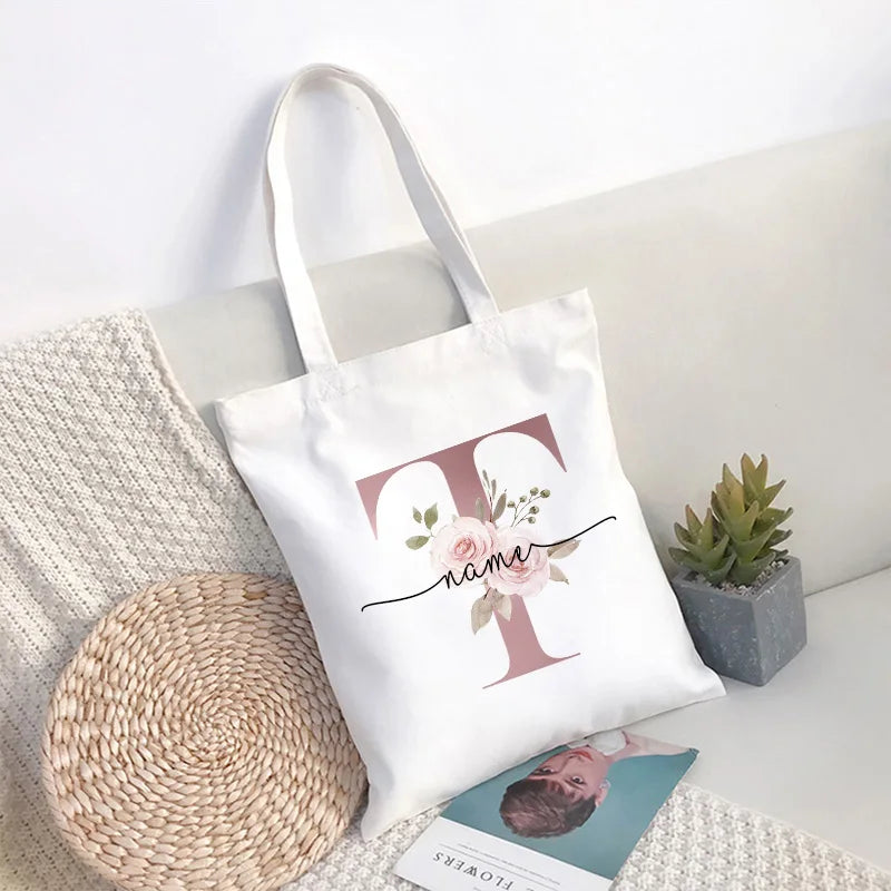 Custom Name White Canvas Tote Bag Large Capacity Foldable Supermarket Shopping Bag for Women Shopper Personalized Handbags