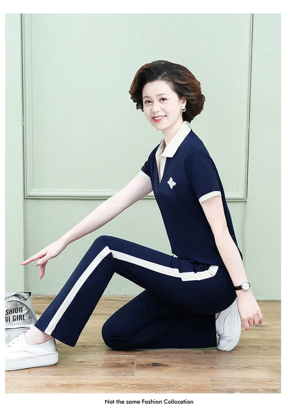 Casual Breathable Short Sleeve Sportswear Set for Middle-Aged Mothers Fashionable Summer Clothing Grandmother Style