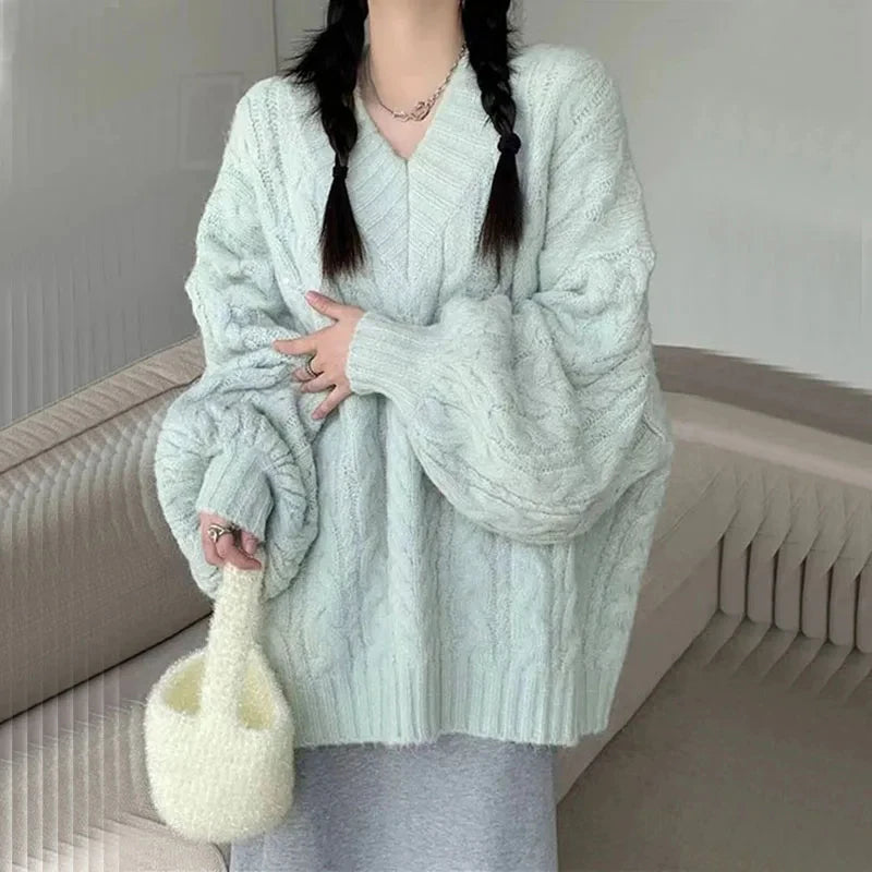Herbst Winter Frauen Pullover Harajuku Übergroßen Gestrickte Pullover Koreanische Langarm V-ausschnitt Strickwaren Preppy Solide Lose Jumper.