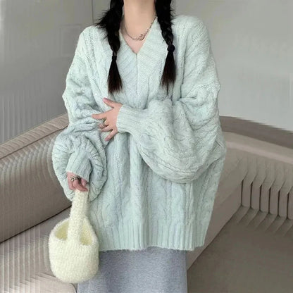 Herbst Winter Frauen Pullover Harajuku Übergroßen Gestrickte Pullover Koreanische Langarm V-ausschnitt Strickwaren Preppy Solide Lose Jumper.