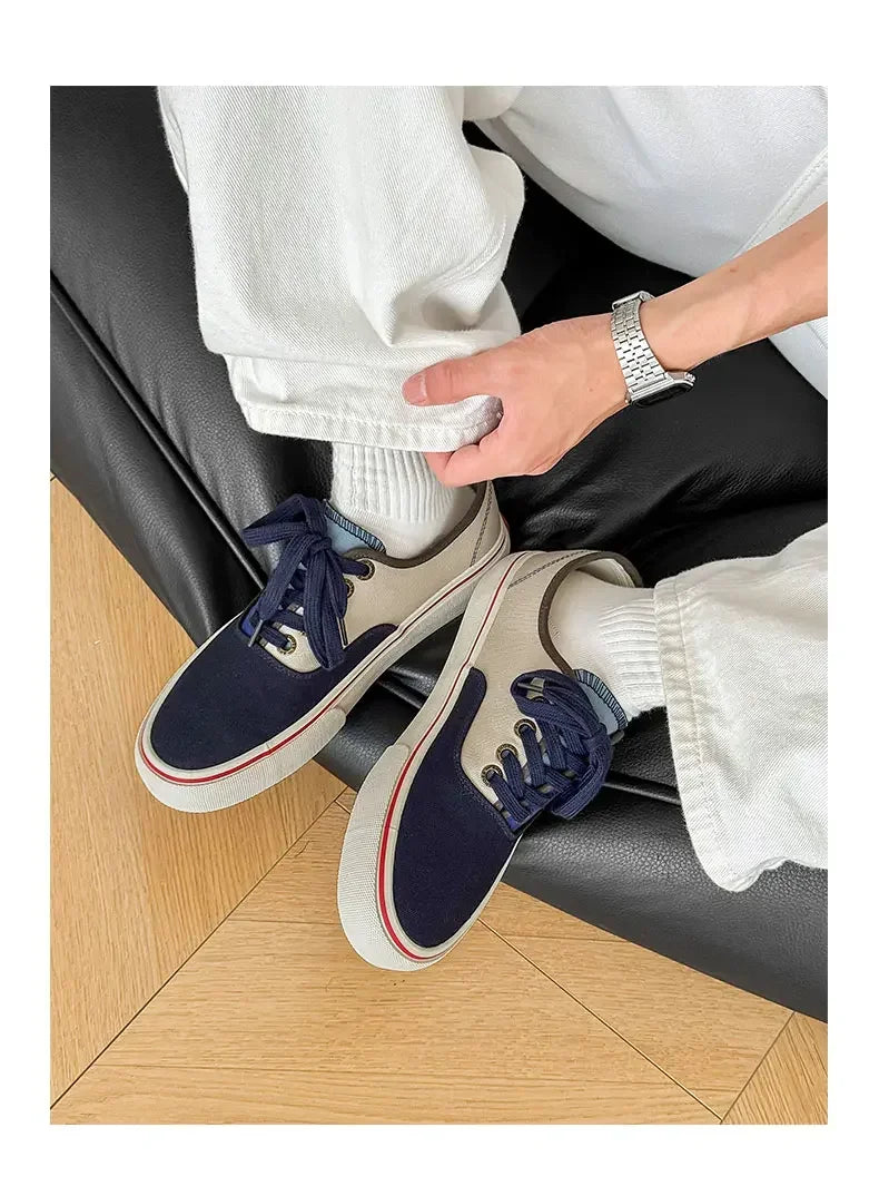 Boys' Casual Canvas Skateboard Shoes with Patchwork Low Cut Shoes Men's Minimalist Fashion Sneakers Trendy Lace Up Flat Bottom.