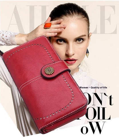 Fashionable new hollow out coin purse for women's oily leather phone bag, long zipper handbag,coin bag Triple fold ladies wallet.