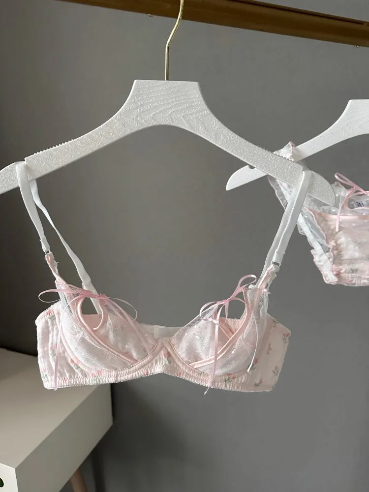 YUQI Kawaii Lace Bralette Set Japanese Floral Mesh Underwear Summer Ultra-Thin Lace-Up Cutout Romantic Bra 2024 New Kawaii set.