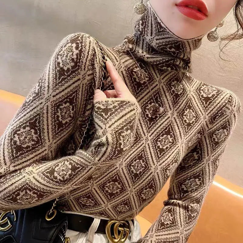 Frauen Kleidung Mode Rollkragen Argyle Stricken Pullover Herbst Winter Elegante Chic Schlanke Langarm Pullover Büro Dame Y2K Top.