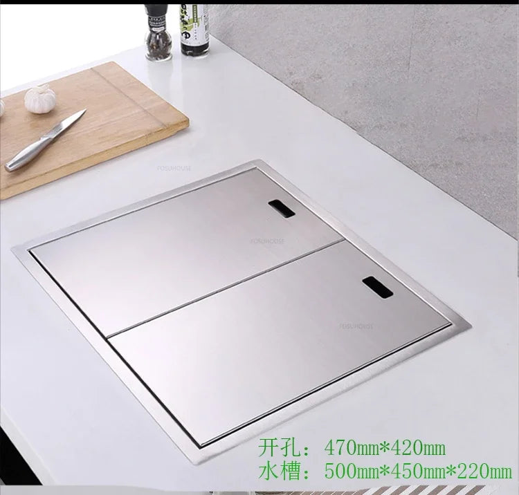 Hidden Stainless Steel Kitchen Sinks Modern Kitchen Accessories with Cover Kitchen Sink Dish Drainer Light Luxury Single Tank L