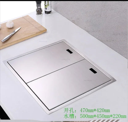 Hidden Stainless Steel Kitchen Sinks Modern Kitchen Accessories with Cover Kitchen Sink Dish Drainer Light Luxury Single Tank L