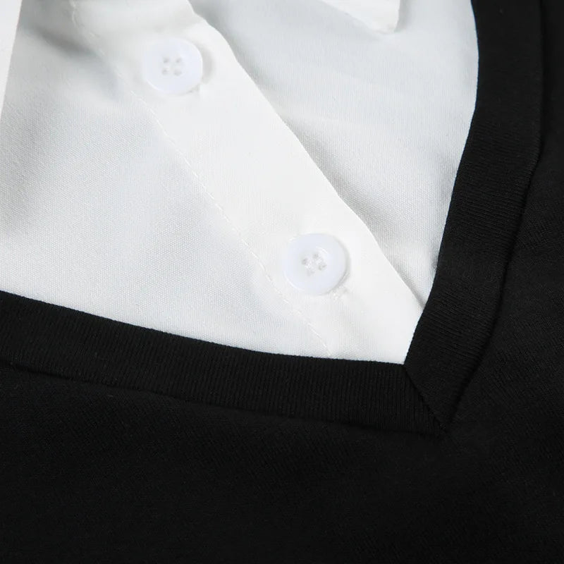 Fashionable and minimalist college style contrasting color lapel fake two piece T-shirt versatile short sleeved top