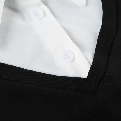 Fashionable and minimalist college style contrasting color lapel fake two piece T-shirt versatile short sleeved top