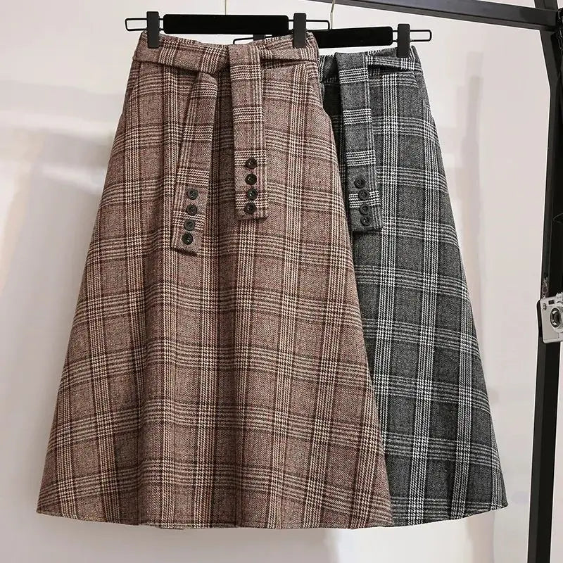Khaki Plaid Vintage A-line High Waist Lace Up Buttons Loose Women's Skirt Mid-Calf Long Skirts For Women Clothing Fashion 2024.