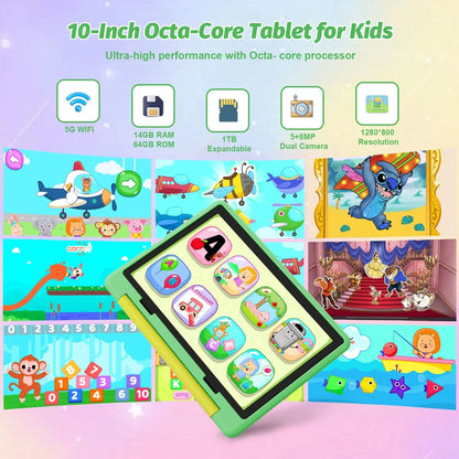 Kid Tablet 10 Inch Android 15 Octa Core 14GB RAM 64GB ROM 128GB Expandable 5000mAh WiFi Bluetooth Children's Gift Kids Software.