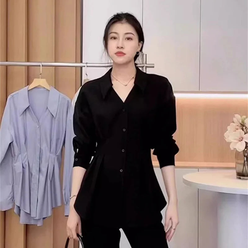 Waist Cinched Slimming Long Sleeve Shirts Women Spring Autumn All-Match Single Breasted Chic Shirt New Temperament Solid Tops.