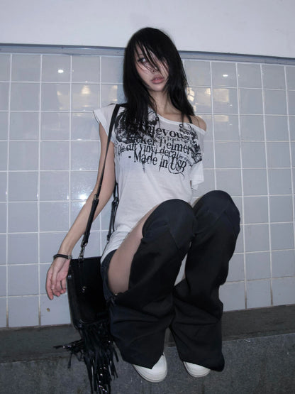 Karrram Japanese Y2k Letter Print T-shirt Trashy 2000s Style Tattoo T Shirt Vintage Harajuku Short Sleeve Sheer Tops Grunge Goth.