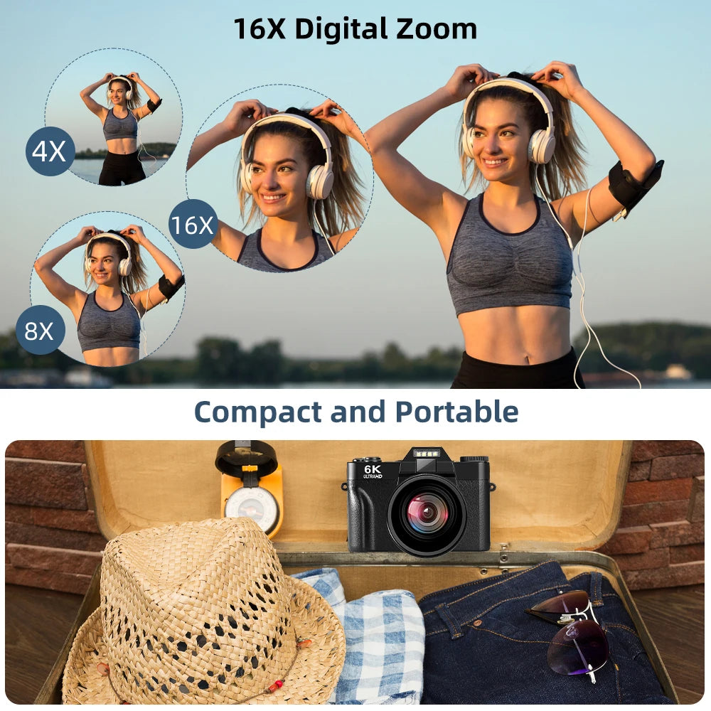 Ourlife 6K Compact Digital Photography Camera 64MP 16X Digital Zoom 180° Flip Screen WiFi Vintage Vlog Video Recorder YouTube.