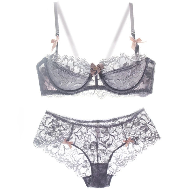 French Coquette Lace Bra Set Bow Straps Minimizer Large Bust Sheer Half Cup Balconette Push Up No Spill Underwire Sexy Lingerie