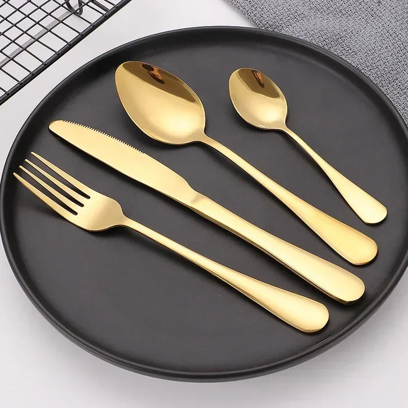 24pcs Golden Tableware Set Light Luxury Stainless Steel Cutlery Fork Knife Spoon Dinnerware Set Minimalist Decor with Gift Box.