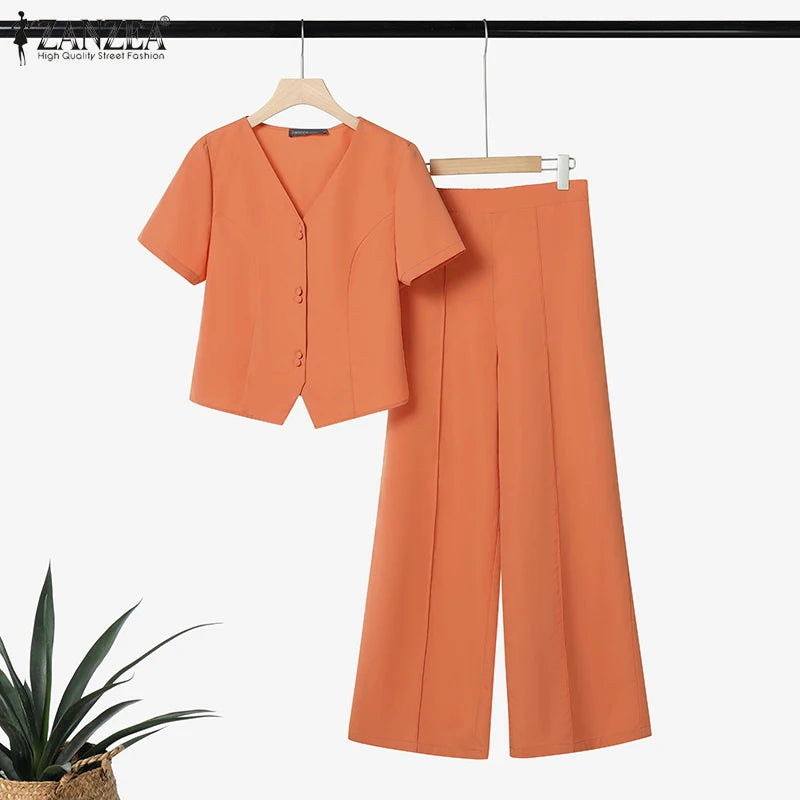 ZANZEA Fashion 2 Piece Sets Woman Elegant V-Neck Short Sleeve Shirts Wide Leg Pants 2pcs Suits Office Lady Commuting Pant Sets.