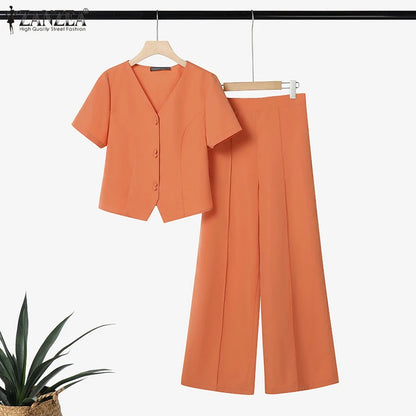 ZANZEA Fashion 2 Piece Sets Woman Elegant V-Neck Short Sleeve Shirts Wide Leg Pants 2pcs Suits Office Lady Commuting Pant Sets.