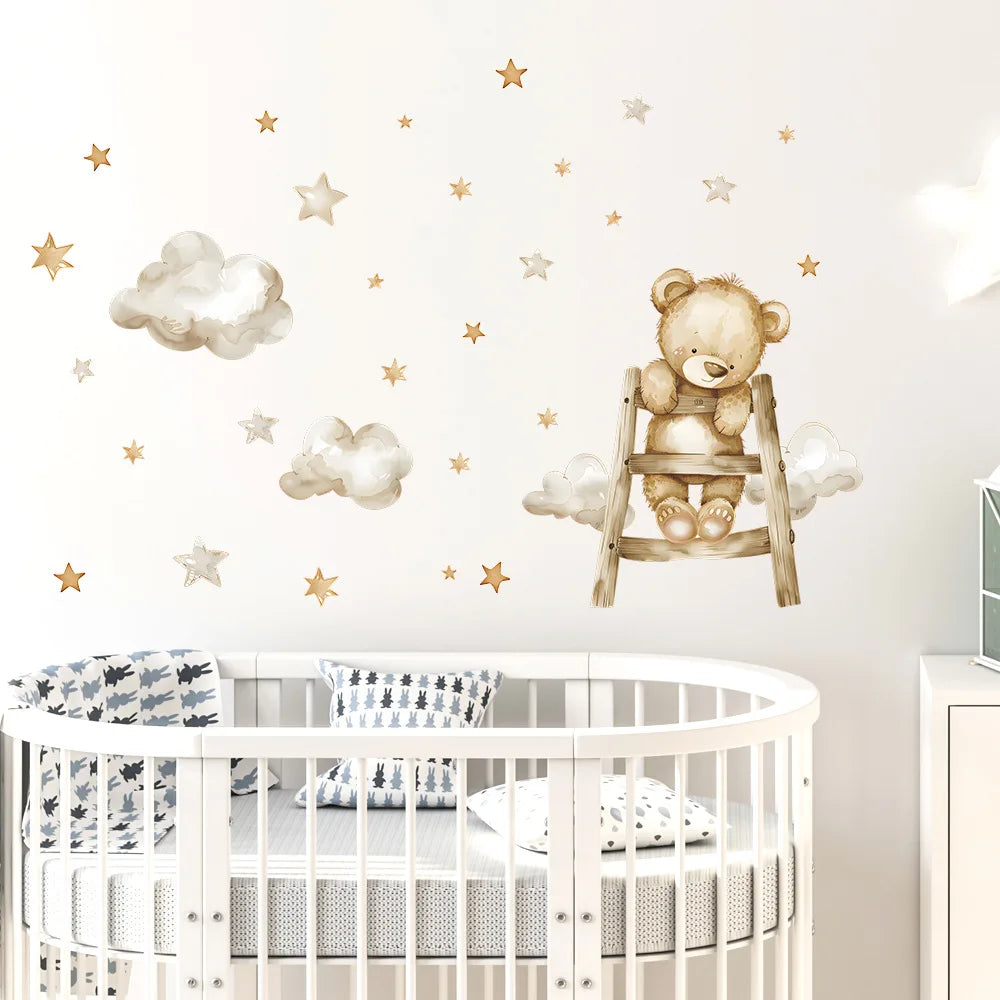 Cute Bear Moon Star Wall Stickers for Kids Rooms Girls Boys Baby Room Decoration Kawaii Cartoon Animal Nursery Wallpaper Vinyl