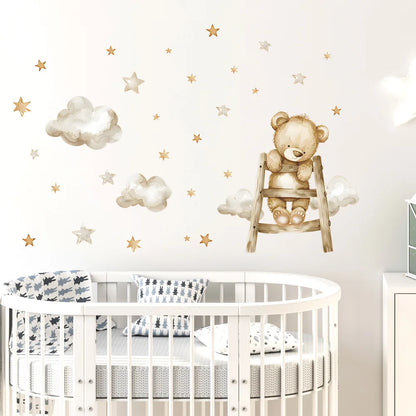 Cute Bear Moon Star Wall Stickers for Kids Rooms Girls Boys Baby Room Decoration Kawaii Cartoon Animal Nursery Wallpaper Vinyl