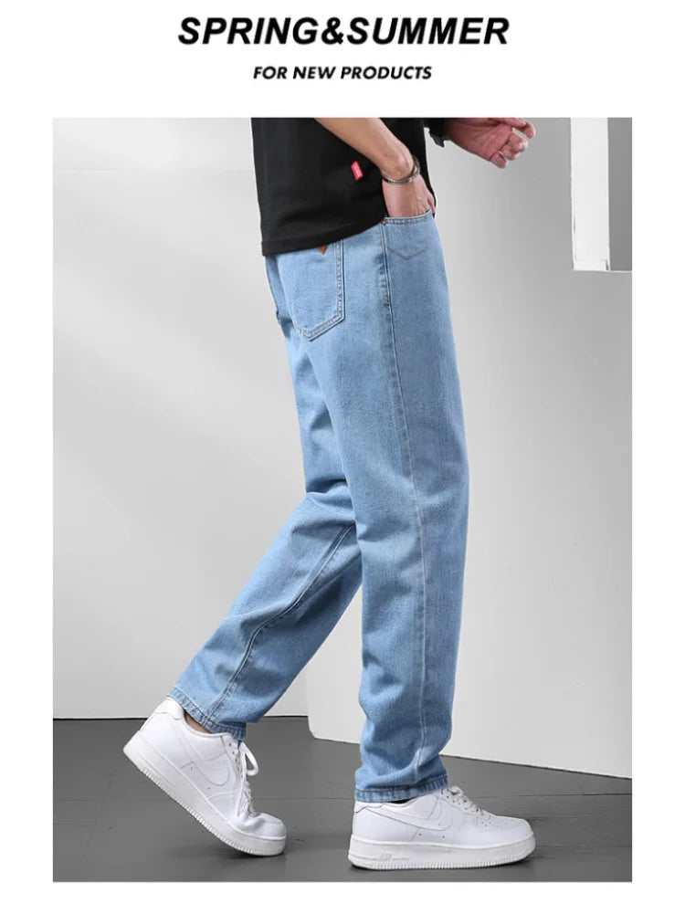 Light Blue American Retro Jeans Men Soft Loose Straight Cylinder High Street Workwear Casual Loose Legs Pants.