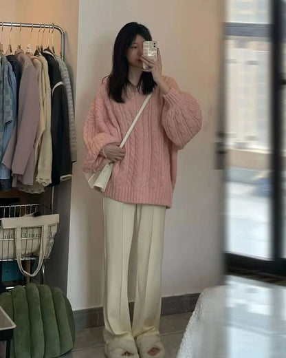 Herbst Winter Frauen Pullover Harajuku Übergroßen Gestrickte Pullover Koreanische Langarm V-ausschnitt Strickwaren Preppy Solide Lose Jumper