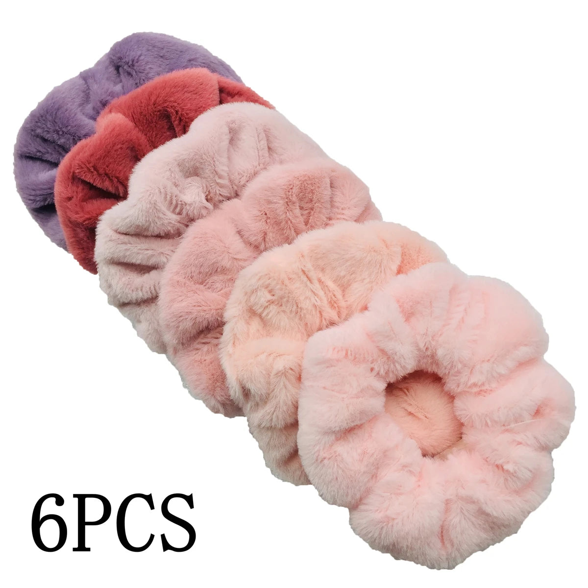 6pc Hair Scrunchies Furry Elastic Band Women Girl Ponytail Holder Rubber Ties Accessories Plush Faux Fur Soft Chiffon Headband