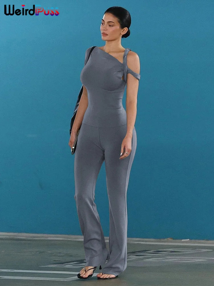 Weird Puss Irregular Knot Women 2 Piece Sets Stretch Casual Short Sleeve Tank Tops+Flare Pants Matching Outfits Slim Streetwear.