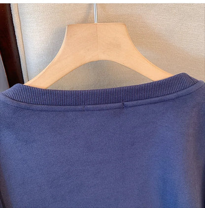 150kg plus size Damen büste Herbst Winter lose Rundhals ausschnitt Fleece warmes Sweatshirt bedrucktes Oberteil blau 5xl 6xl 7xl 8xl 9xl.