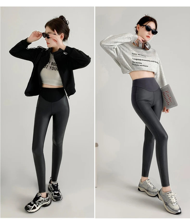 BIVIGAOS Herbst Neue Enge Stretch Leder Hosen Frauen Sharkskin Hohe Taille Spleißen PU Leder Fleece Sexy Leggings Winter Warm.