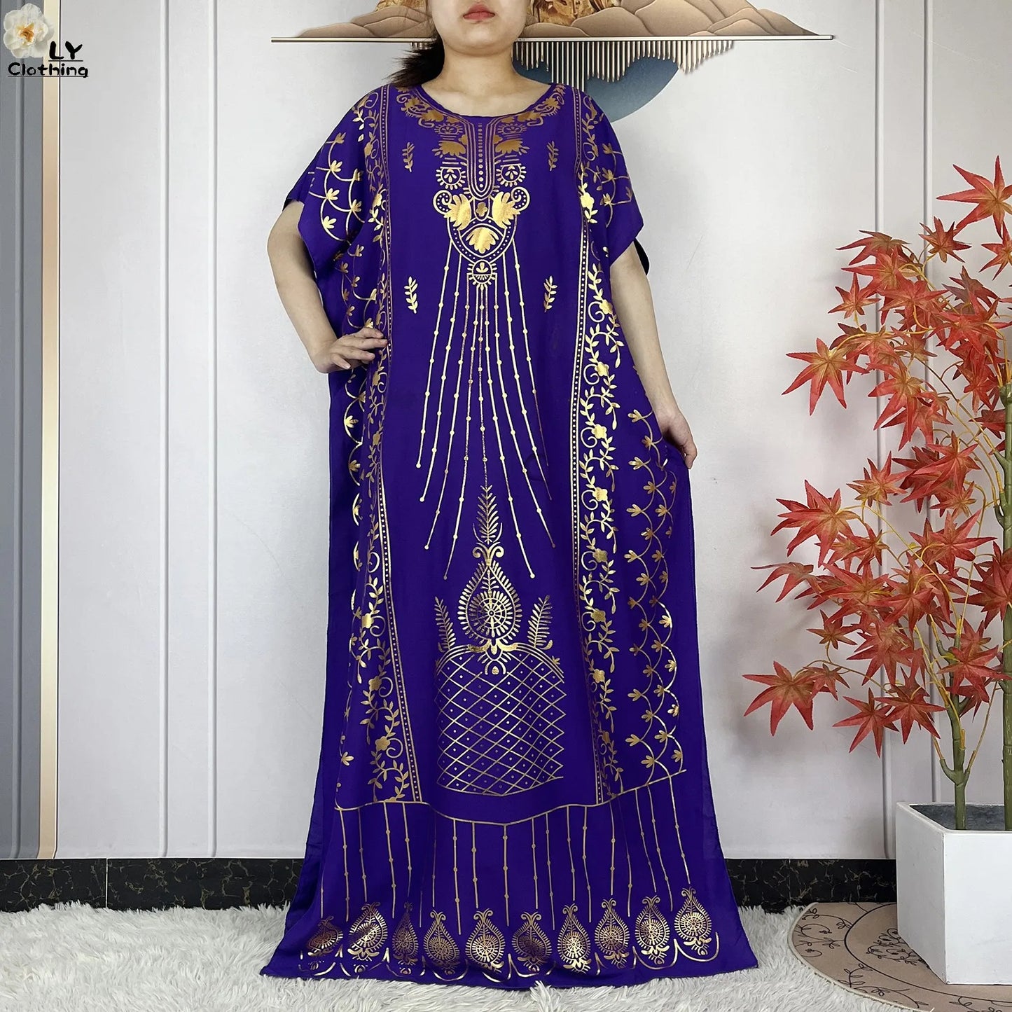 2023 New Muslim Summer Short Sleeve Robe Gold Stamping Boubou Maxi Women Femme Loose Dress With Big Scarf African Abaya Clothes.