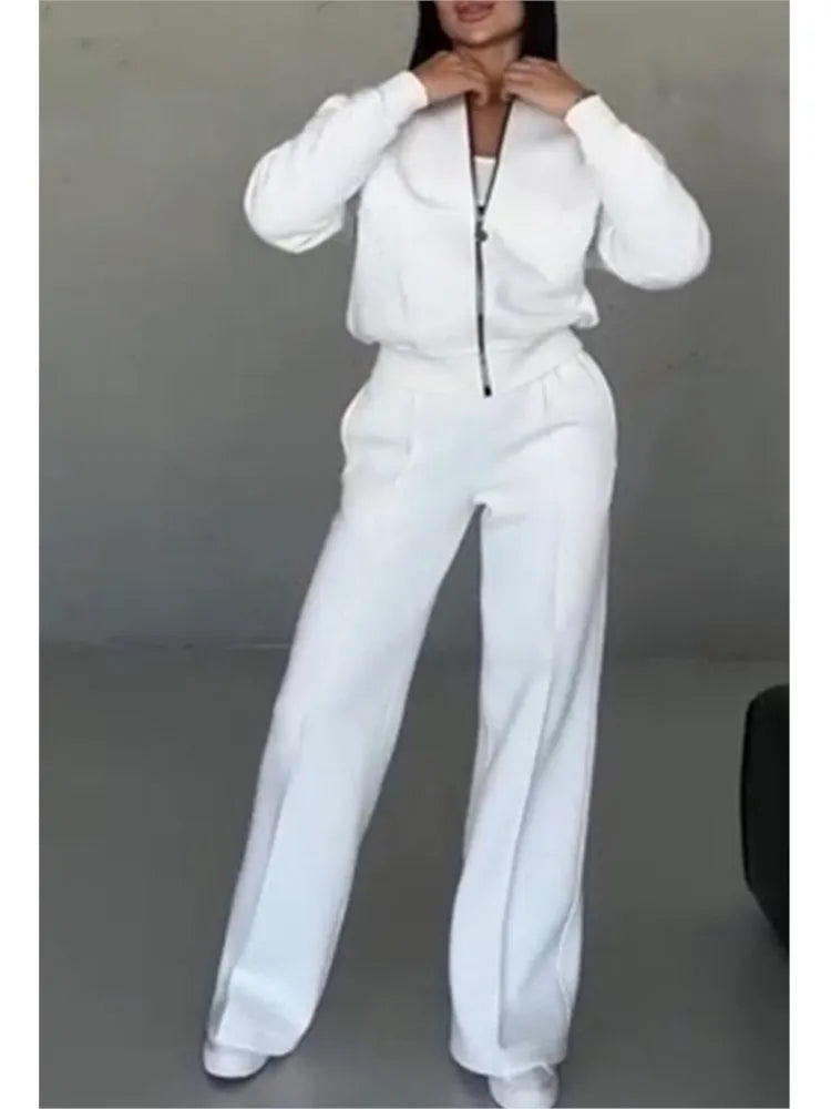 Women Tracksuit 2 Pieces Set Fashion Long Sleeve Zipper Coat Casual Solid Sweatshirt Straight Pants Suit Ladies Autumn Sportwear.